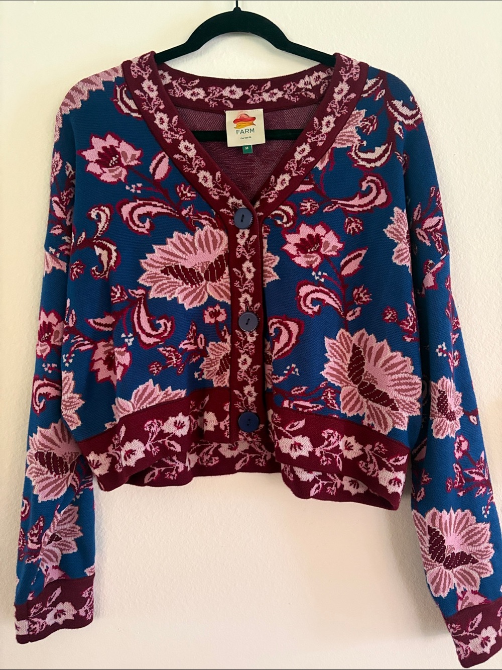 Farm Rio Blue Burgundy Pink Floral Cardigan NWOT - Picture 3 of 4